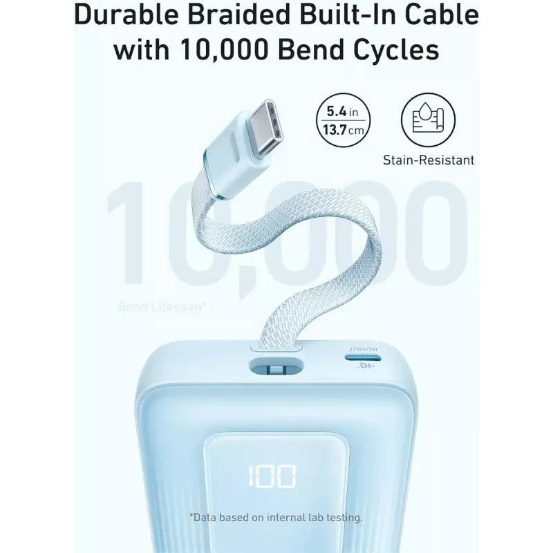 Anker Zolo 10000mAh nešiojama baterija, 30W itin greitas įkrovimas, integruotas USB-C laidas, juoda