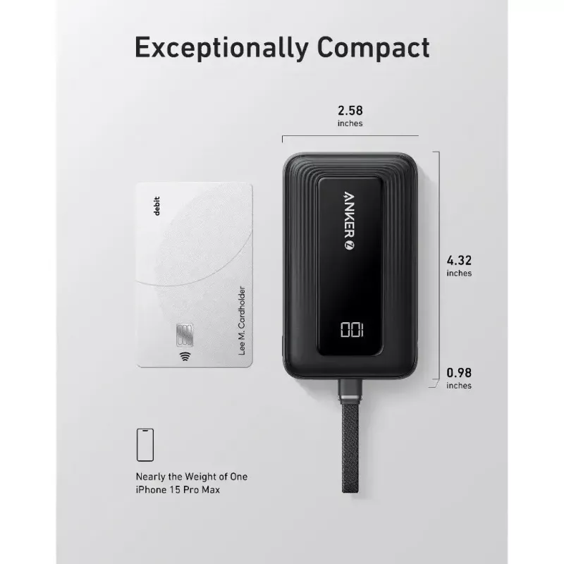 Anker Zolo 10000mAh nešiojama baterija, 30W itin greitas įkrovimas, integruotas USB-C laidas, juoda