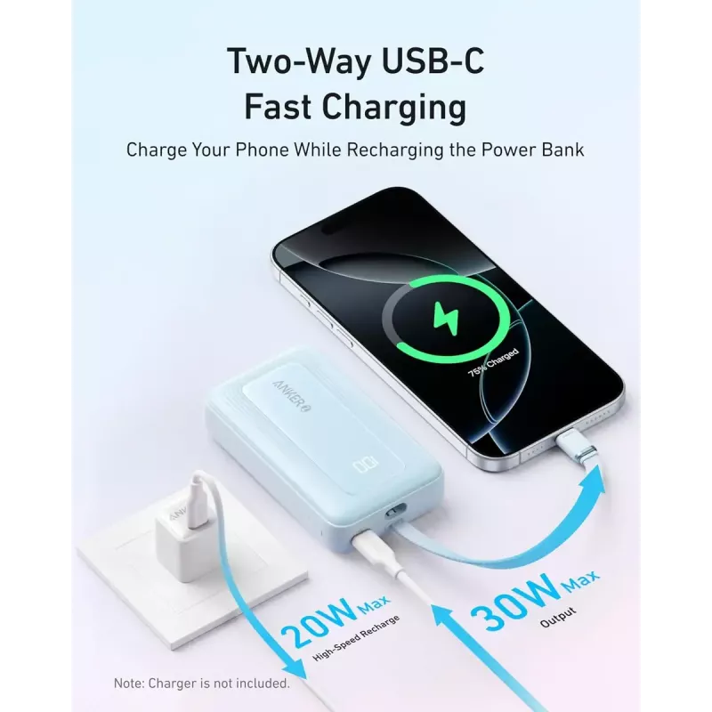 Anker Zolo 10000mAh nešiojama baterija, 30W itin greitas įkrovimas, integruotas USB-C laidas, juoda