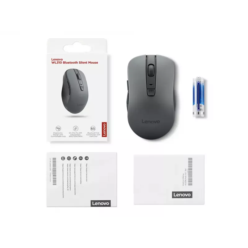 Belaidė abiem rankoms tinkama pelė Lenovo WL310 Office — Bluetooth, optinė 1200 DPI, 6 mygtukai, ratukas, pilka, maitinama baterijomis