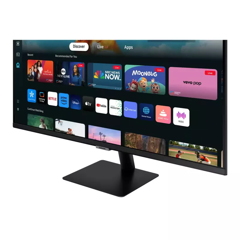 27 colių Samsung M50D monitorius — 27 colių Full HD (1920×1080), VA LED, 4 ms, 178° žiūrėjimo kampas, įmontuoti garsiakalbiai, USB šakotuvas, VESA, juoda