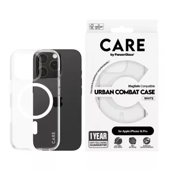 PanzerGlass CARE™ by ® Urban Combat Case permatomas su baltu MagSafe iPhone 16 Pro