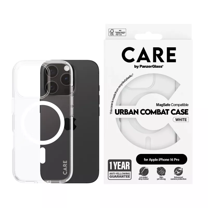 PanzerGlass CARE™ by ® Urban Combat Case permatomas su baltu MagSafe iPhone 16 Pro