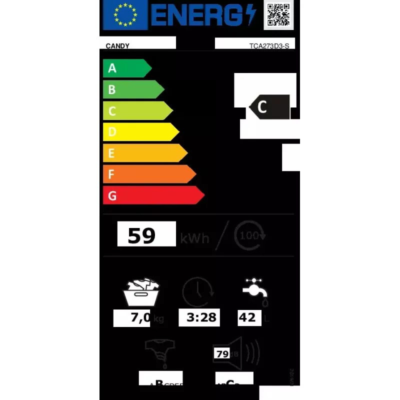 Skalbimo mašina CANDY TCA273D3-S su viršutiniu pakrovimu 7 kg, 1200 aps./min., energijos klasė C, balta