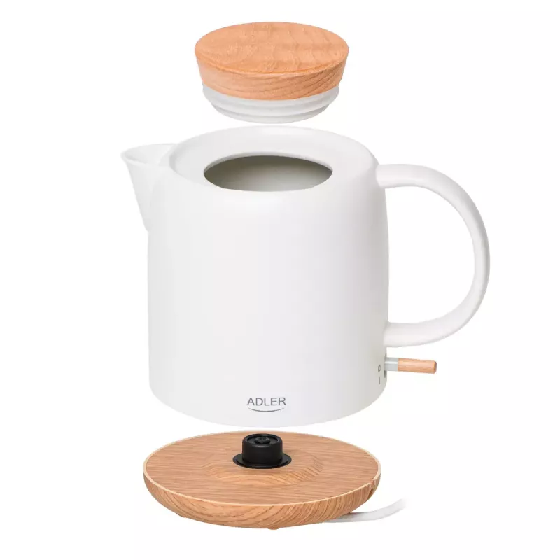 Elektrinis virdulys Adler AD 1304 — 1 L, 1200 W, keraminis korpusas, atverčiamas dangtis, 360° sukiojamas pagrindas, baltos spalvos