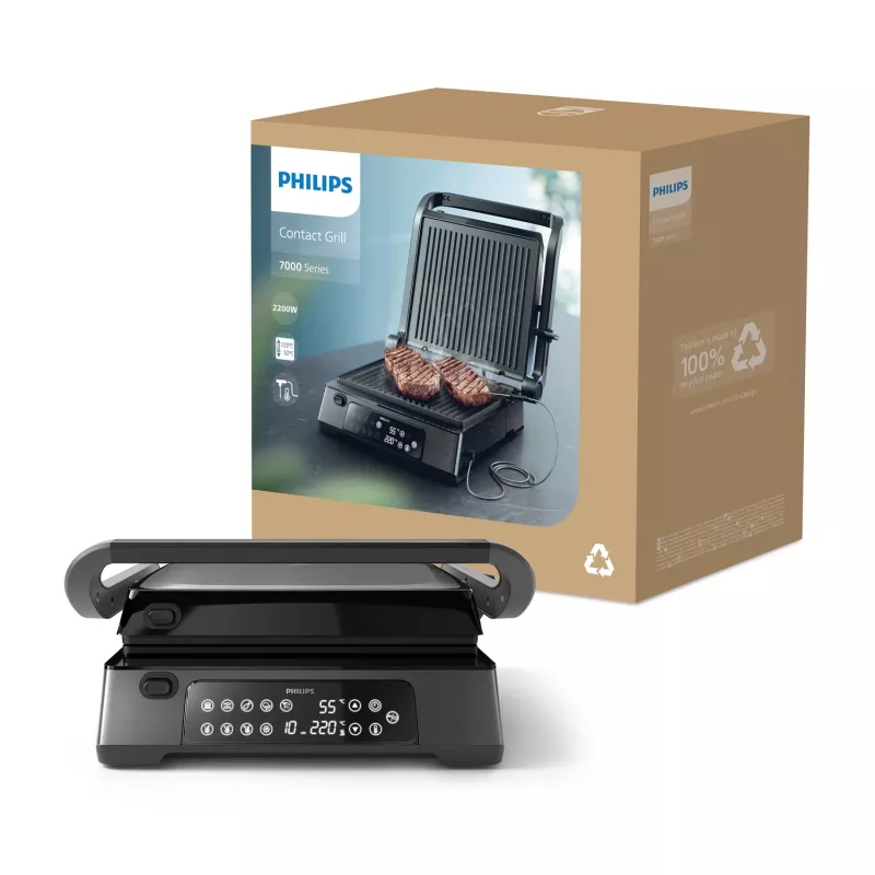 Philips 7000 serijos kontaktinis grilis, juodas, stačiakampis, liečiamasis, 220 °C, šarnyrinis dangtis, užrakinamas dangtis, 180°