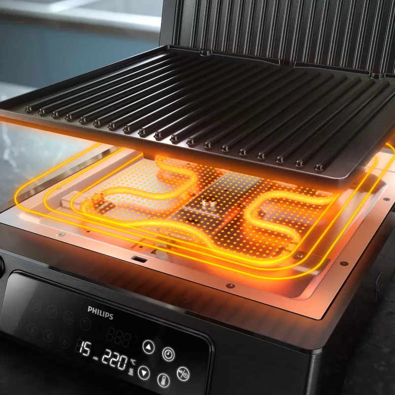 Philips 7000 serijos kontaktinis grilis, juodas, stačiakampis, liečiamasis, 220 °C, šarnyrinis dangtis, užrakinamas dangtis, 180°