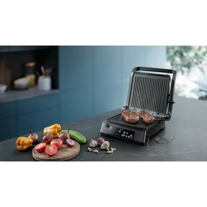 Philips 7000 serijos kontaktinis grilis, juodas, stačiakampis, liečiamasis, 220 °C, šarnyrinis dangtis, užrakinamas dangtis, 180°