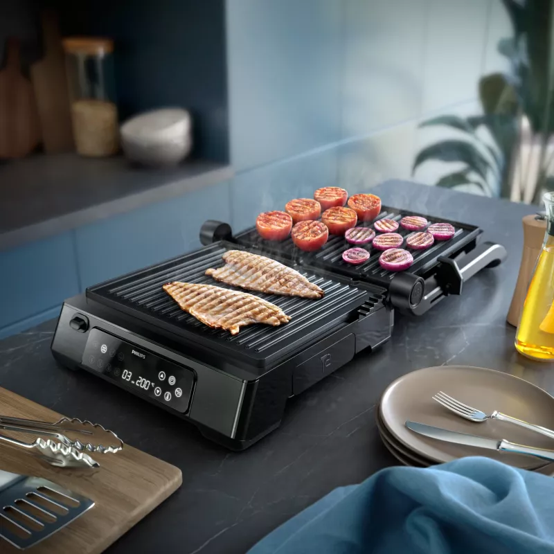 Philips 7000 serijos kontaktinis grilis, juodas, stačiakampis, liečiamasis, 220 °C, šarnyrinis dangtis, užrakinamas dangtis, 180°