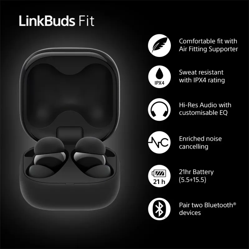 Belaidės ausinės Sony LinkBuds Fit WFLS910NB — Bluetooth, 20–20000 Hz, 10 m diapazonas, 75 g, juodos