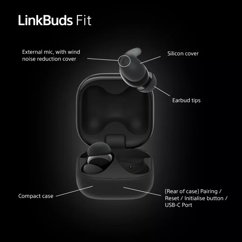 Belaidės ausinės Sony LinkBuds Fit WFLS910NB — Bluetooth, 20–20000 Hz, 10 m diapazonas, 75 g, juodos