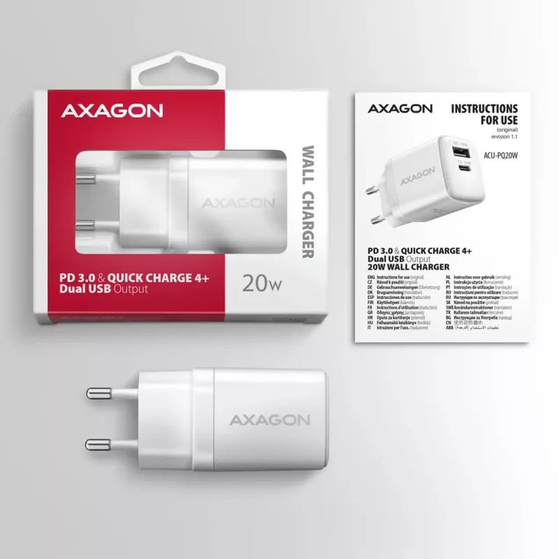 Mobiliojo įrenginio įkroviklis Axagon ACU-PQ20W Universal White