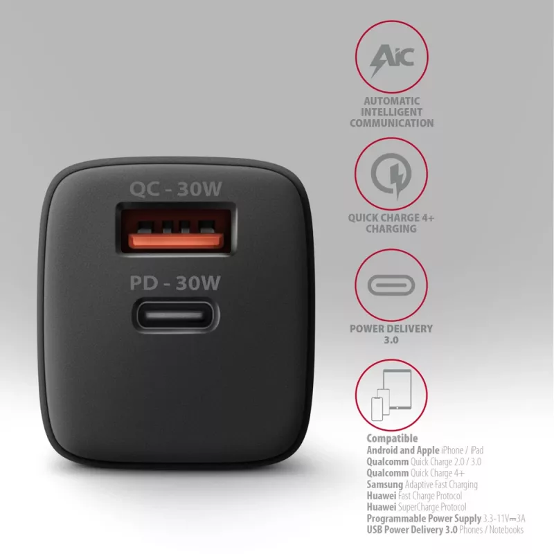 Axagon ACU-PQ30 PD3.0 & QC4+ 2xIŠVADŲ sieninis įkroviklis 30W