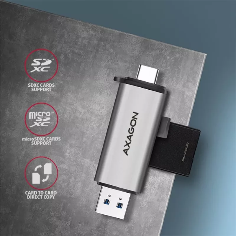 „Axagon CRE-SAC“ SuperSpeed USB-C+USB-A kortelių skaitytuvas 5 Gbps