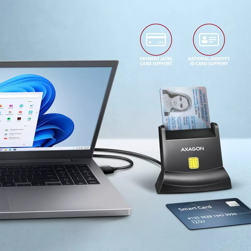 Axagon universalus stalinis USB kontaktinis išmaniųjų / asmens tapatybės kortelių skaitytuvas su ilgu USB-A kabeliu. Tinka „eObanka“ programėlei. išmaniųjų kortelių skaitytuvas Vidaus USB 2.0 Juoda