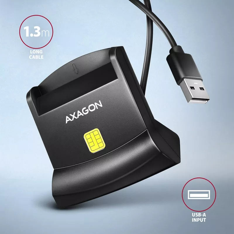 Axagon universalus stalinis USB kontaktinis išmaniųjų / asmens tapatybės kortelių skaitytuvas su ilgu USB-A kabeliu. Tinka „eObanka“ programėlei. išmaniųjų kortelių skaitytuvas Vidaus USB 2.0 Juoda