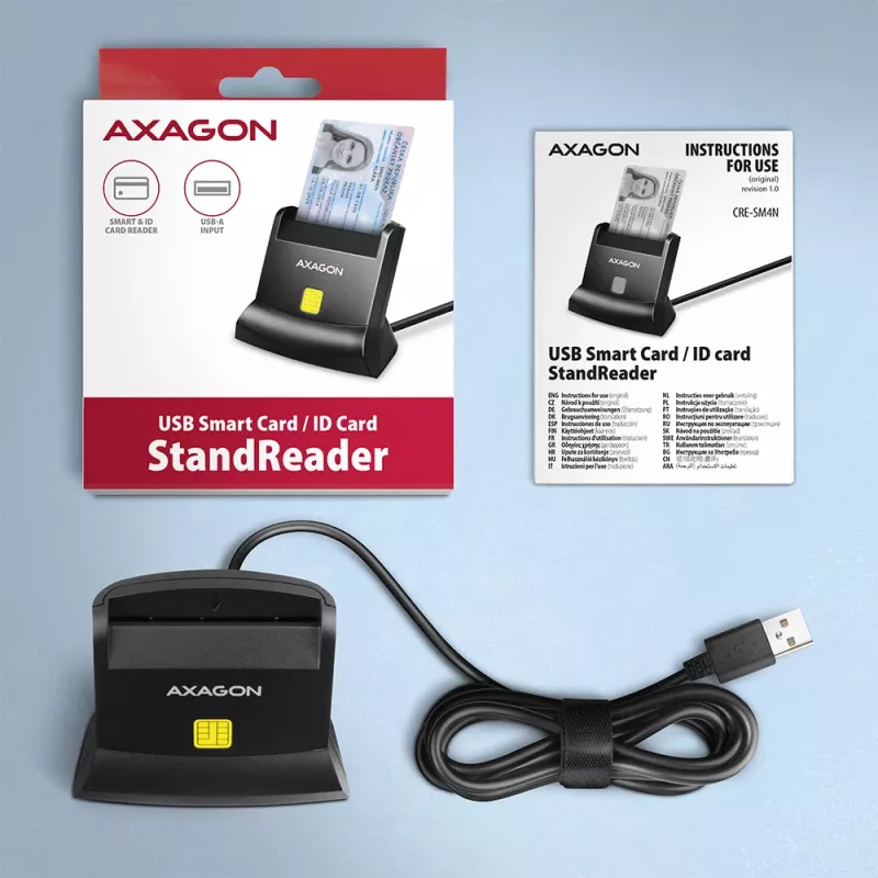 Axagon universalus stalinis USB kontaktinis išmaniųjų / asmens tapatybės kortelių skaitytuvas su ilgu USB-A kabeliu. Tinka „eObanka“ programėlei. išmaniųjų kortelių skaitytuvas Vidaus USB 2.0 Juoda