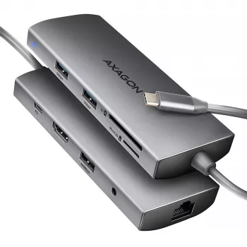 Axagon HMC-8HLSA, USB 5Gbps šakotuvas, 3x USB-A, HDMI 4k/60Hz, RJ-45, SD/microSD, garsas, PD 100W