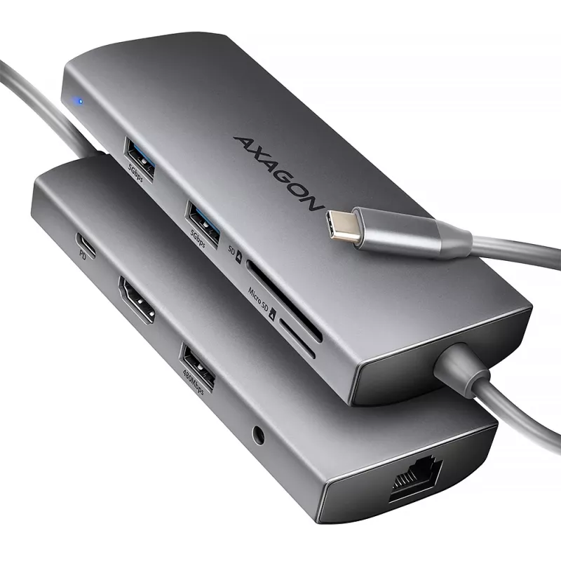 Axagon HMC-8HLSA, USB 5Gbps šakotuvas, 3x USB-A, HDMI 4k/60Hz, RJ-45, SD/microSD, garsas, PD 100W