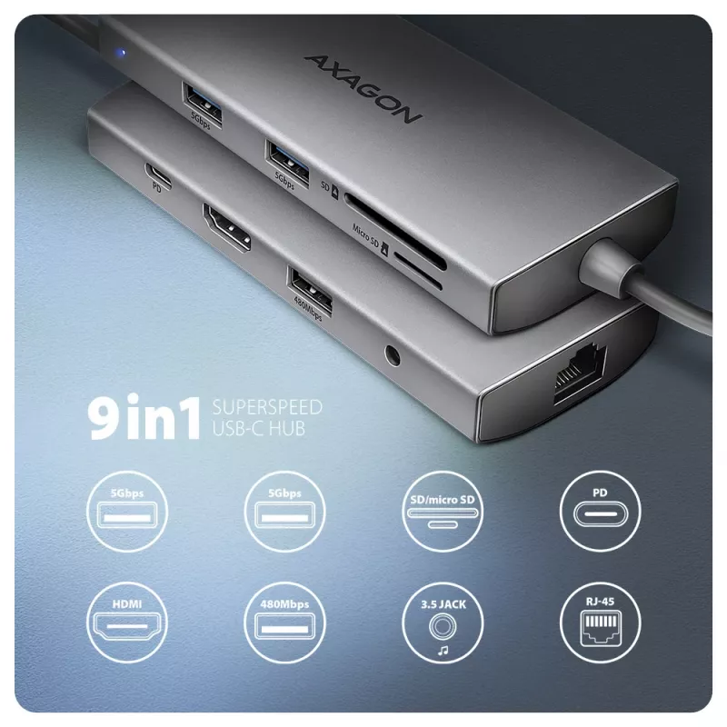 Axagon HMC-8HLSA, USB 5Gbps šakotuvas, 3x USB-A, HDMI 4k/60Hz, RJ-45, SD/microSD, garsas, PD 100W