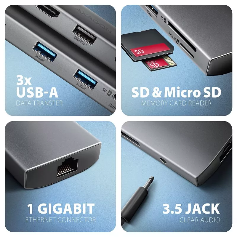Axagon HMC-8HLSA, USB 5Gbps šakotuvas, 3x USB-A, HDMI 4k/60Hz, RJ-45, SD/microSD, garsas, PD 100W