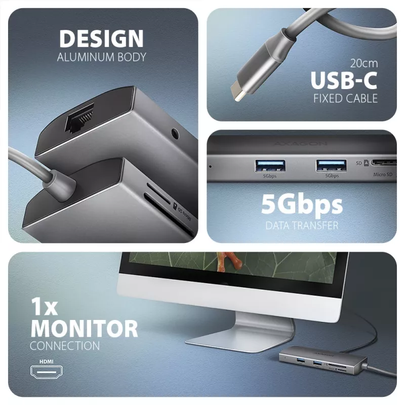 Axagon HMC-8HLSA, USB 5Gbps šakotuvas, 3x USB-A, HDMI 4k/60Hz, RJ-45, SD/microSD, garsas, PD 100W