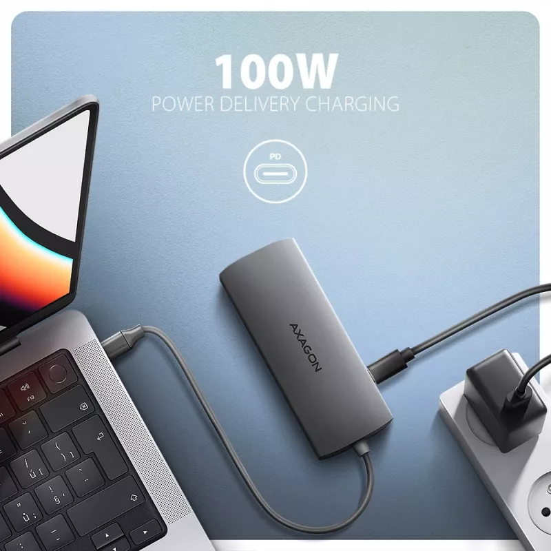 Axagon HMC-8HLSA, USB 5Gbps šakotuvas, 3x USB-A, HDMI 4k/60Hz, RJ-45, SD/microSD, garsas, PD 100W