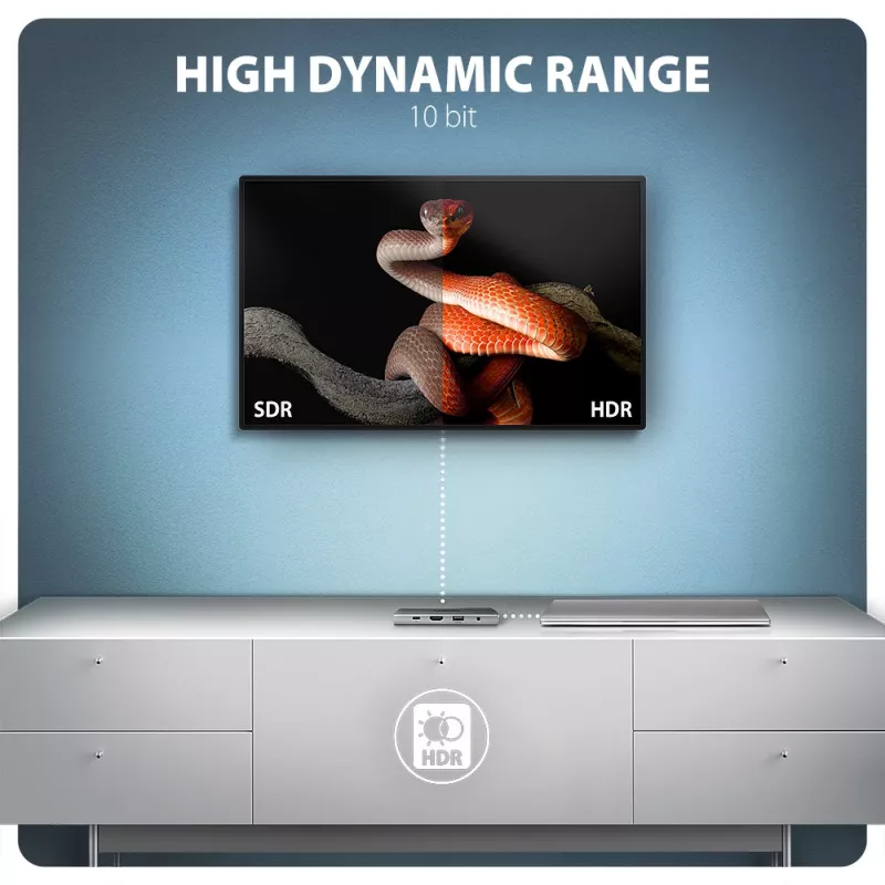Axagon HMC-8HLSA, USB 5Gbps šakotuvas, 3x USB-A, HDMI 4k/60Hz, RJ-45, SD/microSD, garsas, PD 100W