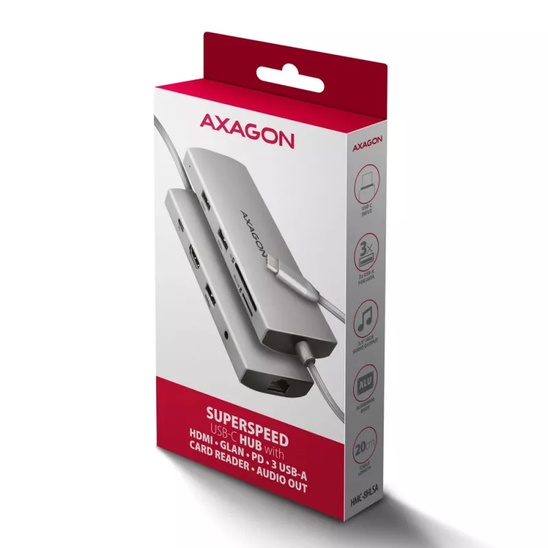 Axagon HMC-8HLSA, USB 5Gbps šakotuvas, 3x USB-A, HDMI 4k/60Hz, RJ-45, SD/microSD, garsas, PD 100W