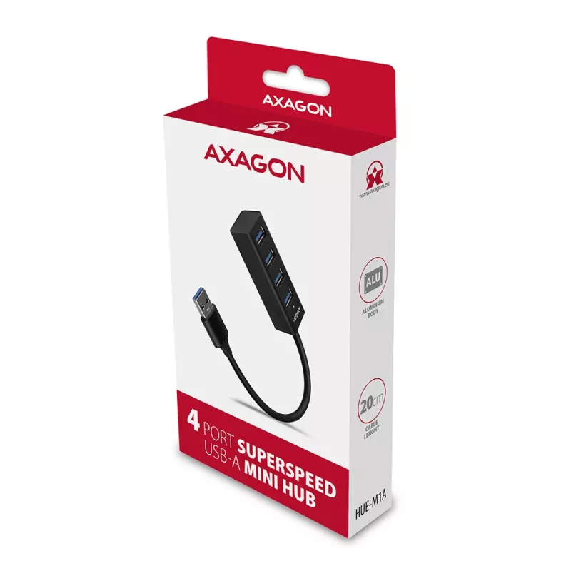 Axagon HUE-M1A 4x USB 3.2 Gen 1 MINI centrinė, metalinė, 20 cm USB-A laidas