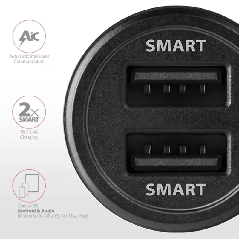 Axagon PWC-5V5 SMART automobilinis kroviklis 24W, 2x USB-A prievadas, 5V/2.4A + 5V/2.4A