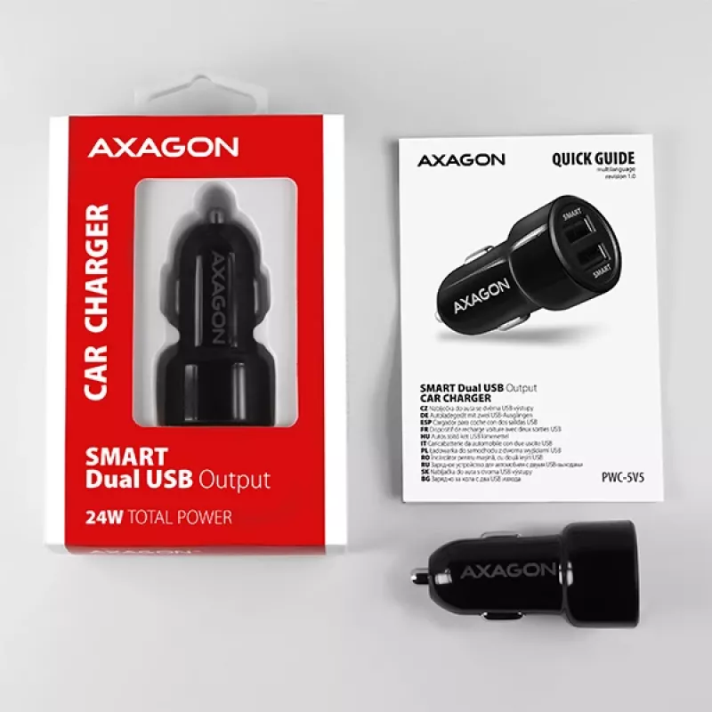 Axagon PWC-5V5 SMART automobilinis kroviklis 24W, 2x USB-A prievadas, 5V/2.4A + 5V/2.4A
