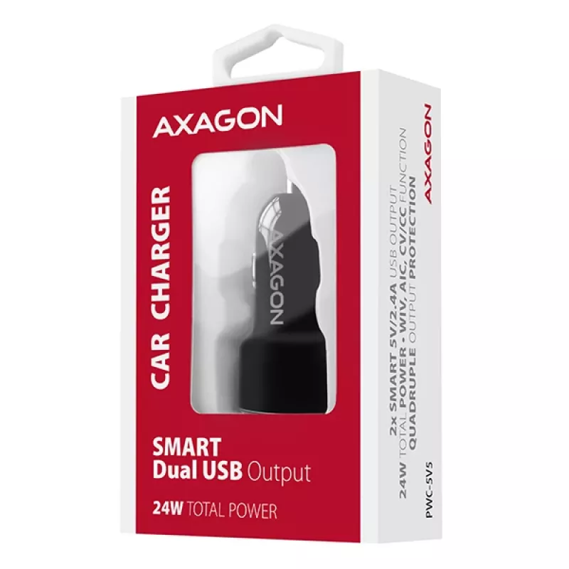 Axagon PWC-5V5 SMART automobilinis kroviklis 24W, 2x USB-A prievadas, 5V/2.4A + 5V/2.4A