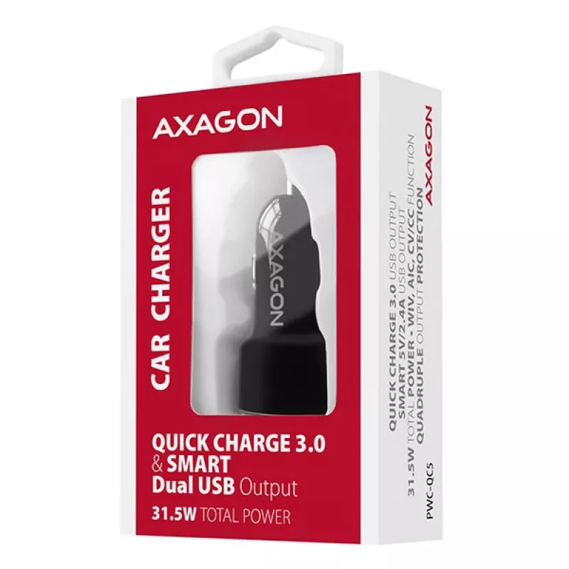 Axagon PWC-QC5 mobiliojo įrenginio įkroviklis Mobilusis telefonas, Išmanusis telefonas, Planšetė, Universalus Juoda Cigarečių degiklis Greitas įkrovimas Automatinis