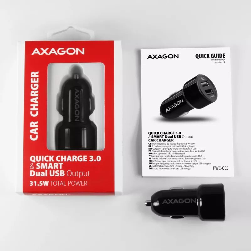 Axagon PWC-QC5 mobiliojo įrenginio įkroviklis Mobilusis telefonas, Išmanusis telefonas, Planšetė, Universalus Juoda Cigarečių degiklis Greitas įkrovimas Automatinis