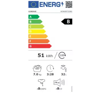 Skalbimo mašina Gorenje W3NGPI72SBS priekinio įkrovimo 7 kg, 1200 aps./min, LCD, garai, 59,5×43,5 cm, energijos klasė B