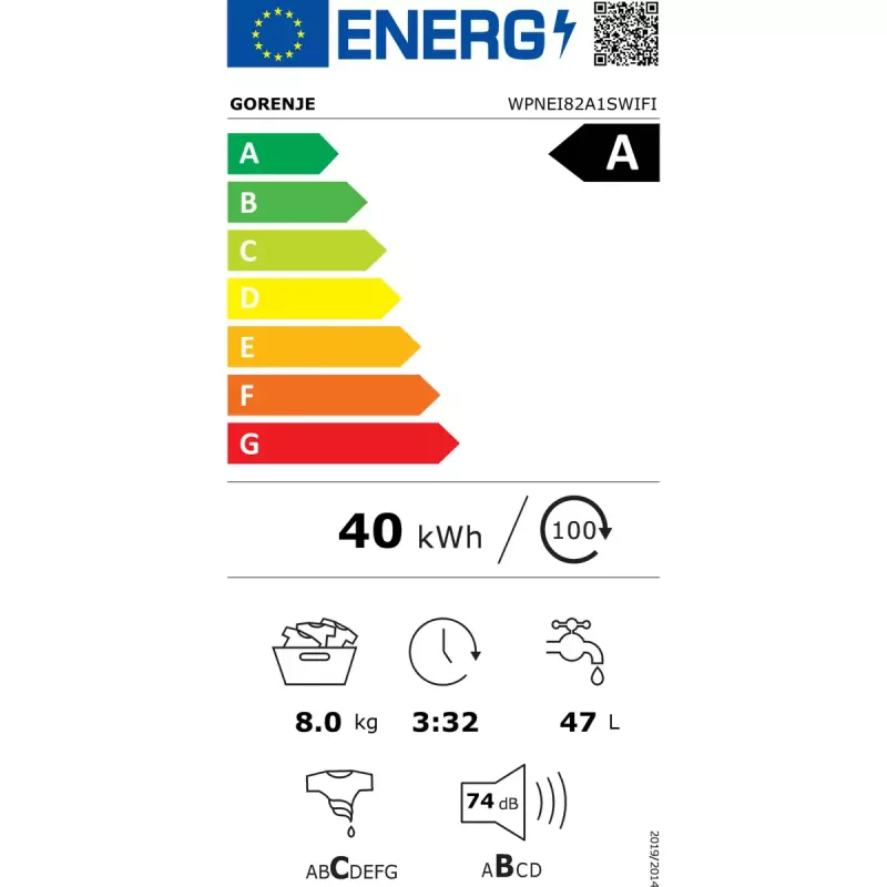 Gorenje WPNEI82A1SWIFI skalbimo mašina, priekinis pakrovimas, 8 kg, 1200 aps./min., balta