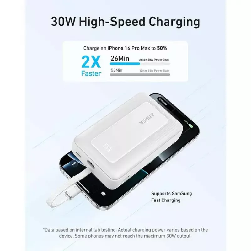 Anker Zolo 10000mAh įkroviklis, 30W itin spartus įkrovimas, integruotas USB-C laidas, baltas