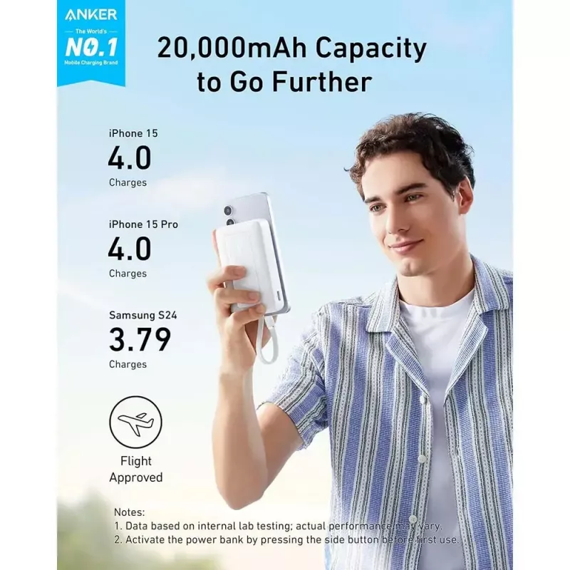 Anker Zolo 10000mAh įkroviklis, 30W itin spartus įkrovimas, integruotas USB-C laidas, baltas