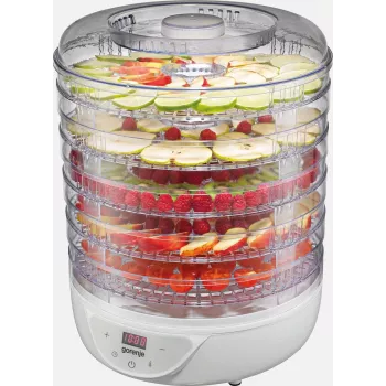 Maisto džiovyklė Gorenje FDK 24 DW — permatoma balta, Ø31 cm grotelės, 240 W, maks. 70°C