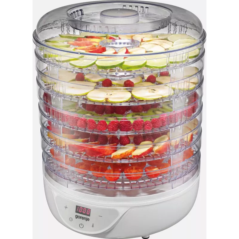 Maisto džiovyklė Gorenje FDK 24 DW — permatoma balta, Ø31 cm grotelės, 240 W, maks. 70°C