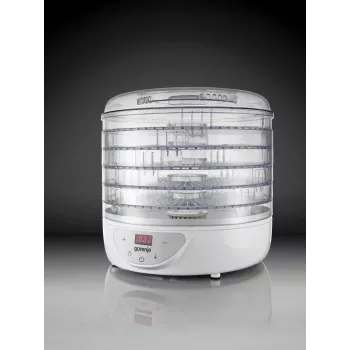 Maisto džiovyklė Gorenje FDK 24 DW — permatoma balta, Ø31 cm grotelės, 240 W, maks. 70°C