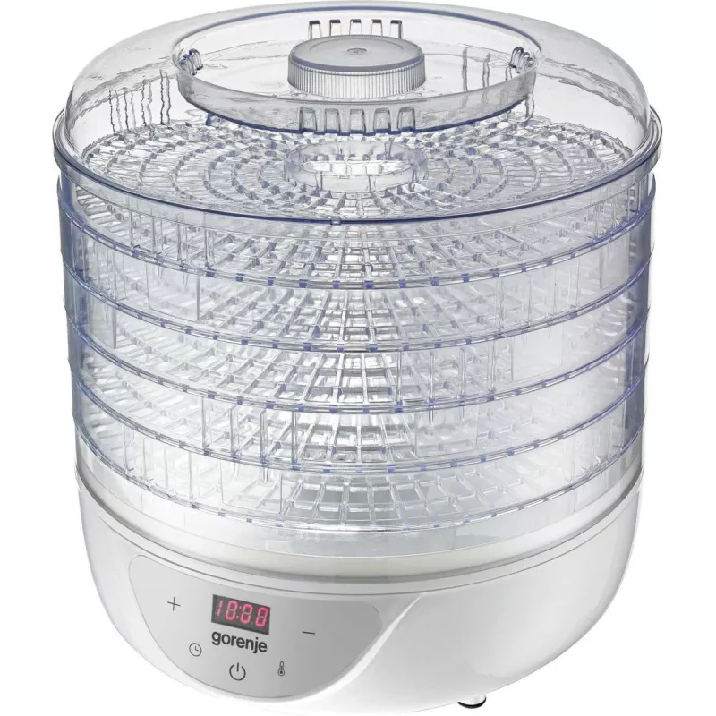 Maisto džiovyklė Gorenje FDK 24 DW — permatoma balta, Ø31 cm grotelės, 240 W, maks. 70°C