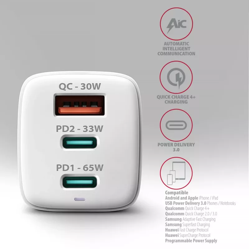 Axagon ACU-DPQ65W PD3.0 & QC4+ 3x IŠVESTYS sieninis įkroviklis 65W