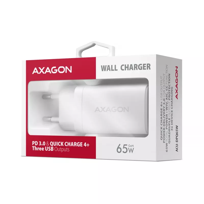 Axagon ACU-DPQ65W PD3.0 & QC4+ 3x IŠVESTYS sieninis įkroviklis 65W