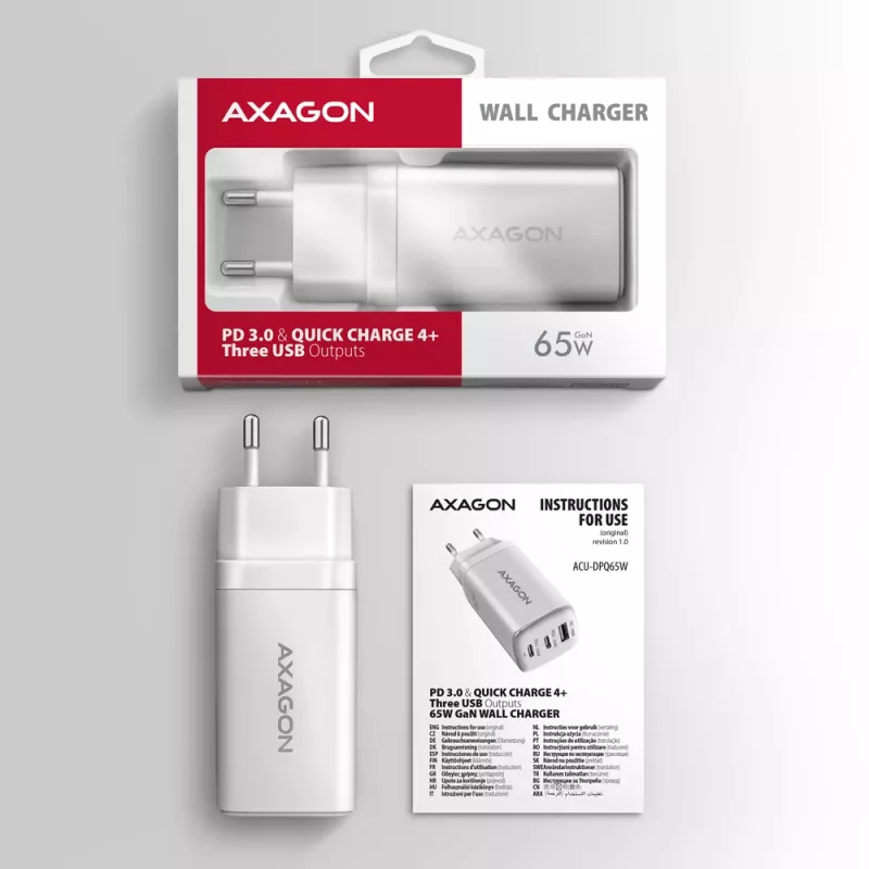 Axagon ACU-DPQ65W PD3.0 & QC4+ 3x IŠVESTYS sieninis įkroviklis 65W