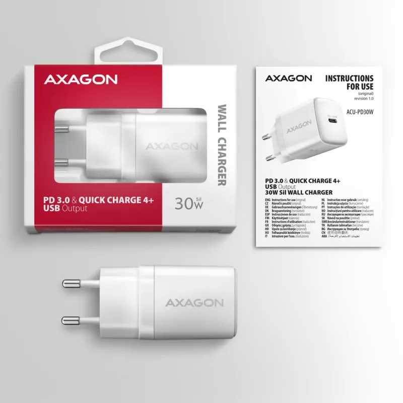 Sieninis įkroviklis Axagon ACU-PD30W 1x QC3.0/AFC/FCP/PD Type-C 30W Baltas