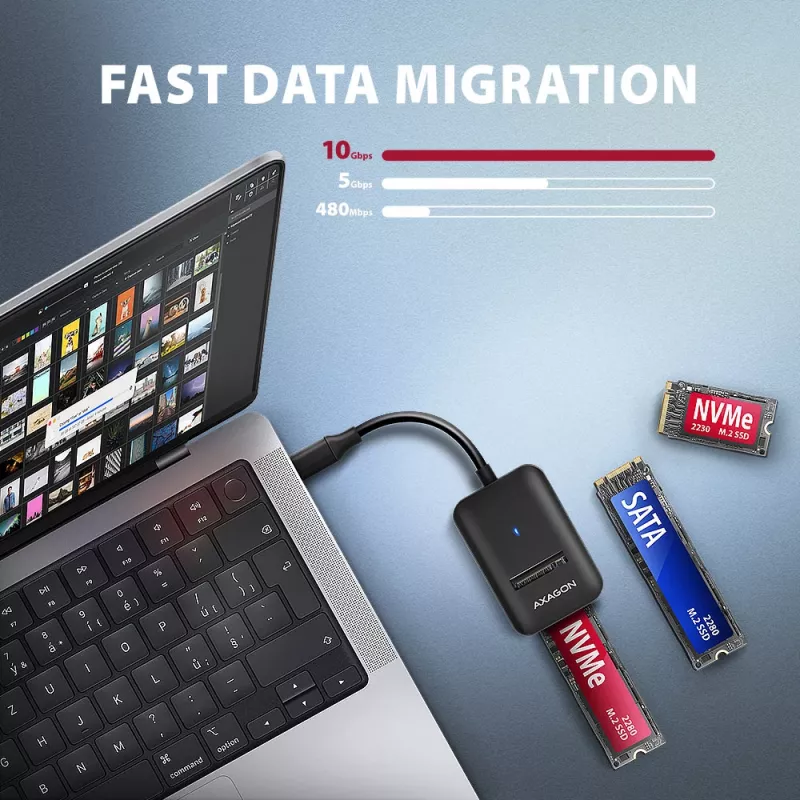 „Axagon ADM2-CM“ USB-C adapteris M.2 NVMe SATA 10Gbps, juodas