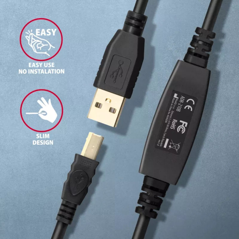 Axagon ADR-210B USB 2.0 A-M -> B-M aktyvus jungiamasis / kartotuvinis laidas 10 m