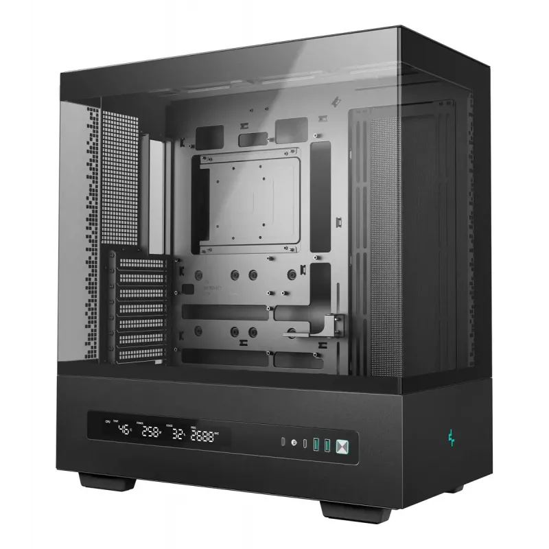 PC korpusas DeepCool CH690 DIGITAL Tower Juoda — ATX/Micro-ATX/Mini-ITX, LCD ekranas, 3×2,5 col. + 1×3,5 col. nišos, iki 450 mm GPU, 182 mm CPU aušintuvas